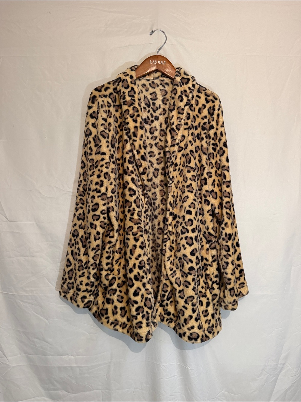 Leopard Faux Fur Open Front Jacket - Beige/Black